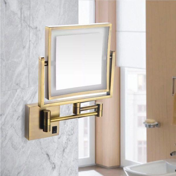 Antique Gold Magnifying LED Makeup Mirror - Adjustable Wall-Mounted Vanity Mirror with 1X/3X Magnification & Rechargeable Battery