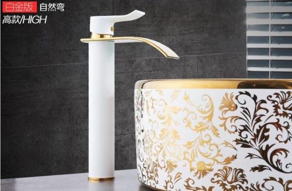 Brass Gold & White Waterfall Luxury Bathroom Faucet - Contemporary Deck Mounted Single Handle Basin Faucet - Image 6