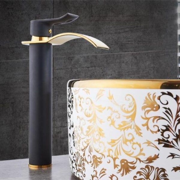 Brass Gold & White Waterfall Luxury Bathroom Faucet - Contemporary Deck Mounted Single Handle Basin Faucet - Image 5
