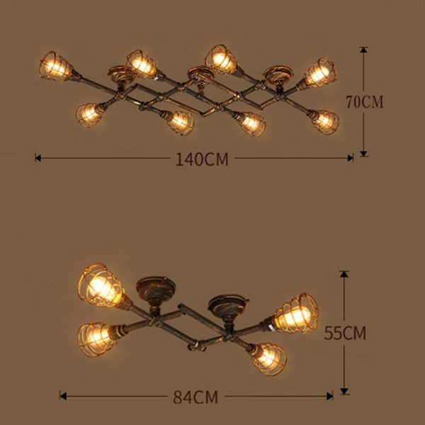 Rustic Industrial Semi Flush Ceiling Light – Steampunk Pipe Fixture with Cage Shade - Image 2