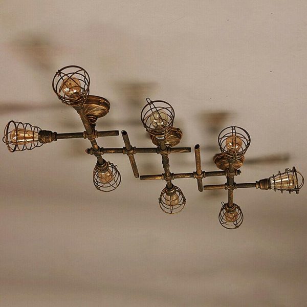 Rustic Industrial Semi Flush Ceiling Light – Steampunk Pipe Fixture with Cage Shade - Image 5