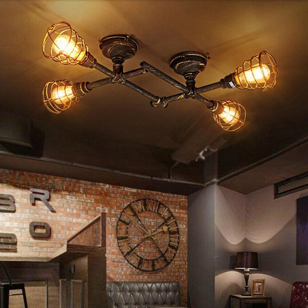 Rustic Industrial Semi Flush Ceiling Light – Steampunk Pipe Fixture with Cage Shade - Image 3